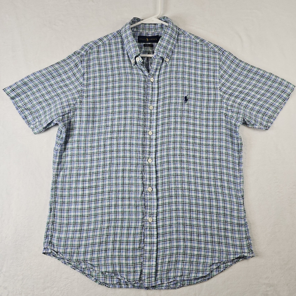 Ralph Lauren Classic Fit Linen Short Sleeve Shirt Men’s Medium Blue Green Plaid